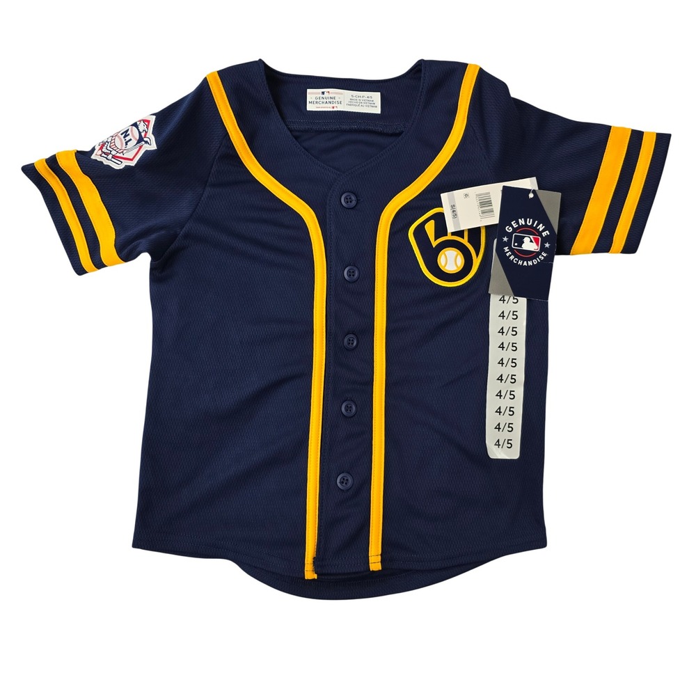 MLB Milwaukee Brewers Kids Jersey Navy Yellow Button Up Size Small 4/5 NWT